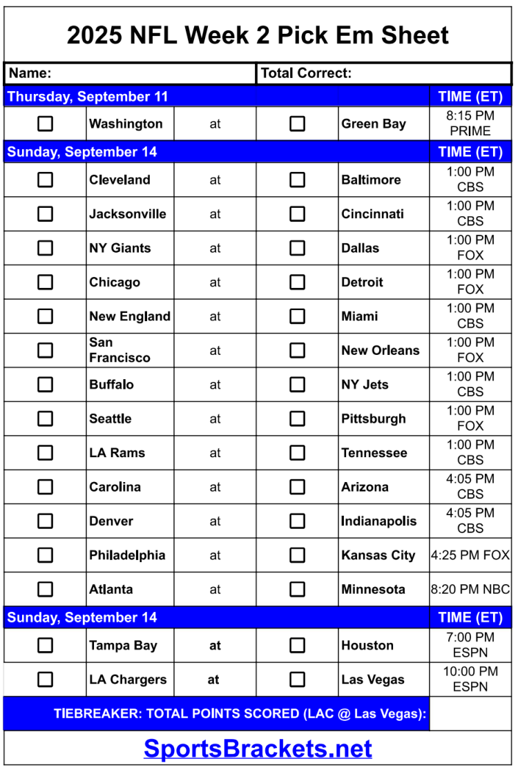 2025 NFL Decide Em Sheet Week 2; Printable, PDF Format
