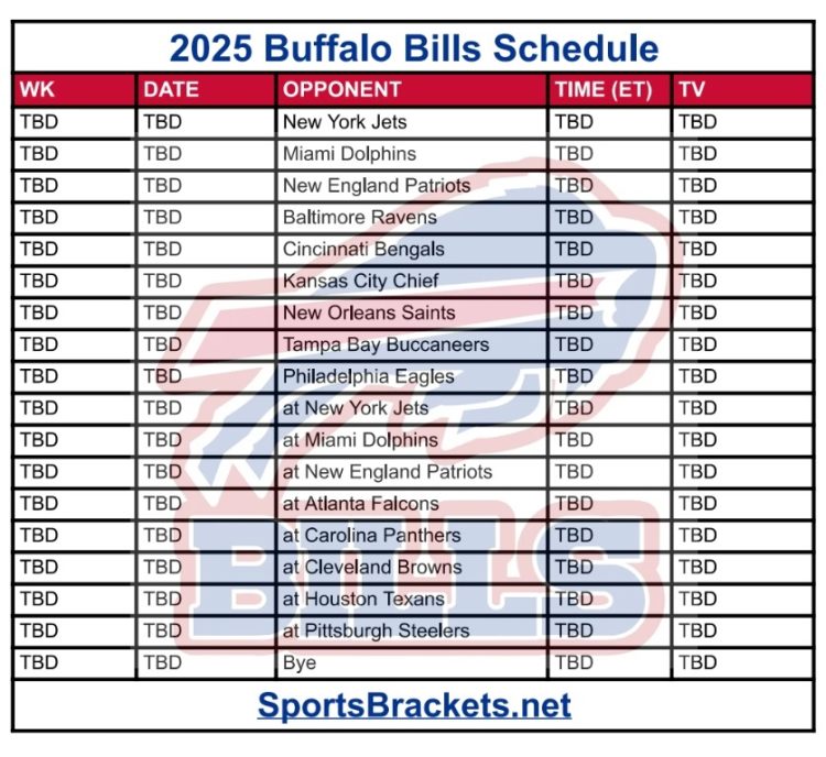 Printable 2025 Buffalo Payments Schedule; Matchups and TV Broadcasts