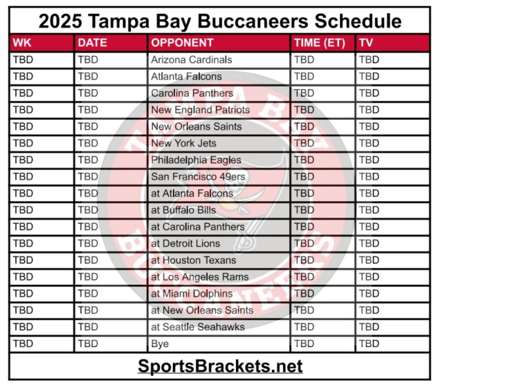 Printable 2025 Tampa Bay Buccaneers Schedule; Matchups and TV Broadcasts