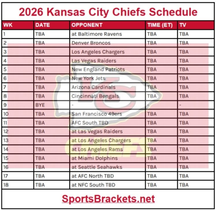 Printable 2026 Kansas Metropolis Chiefs Schedule