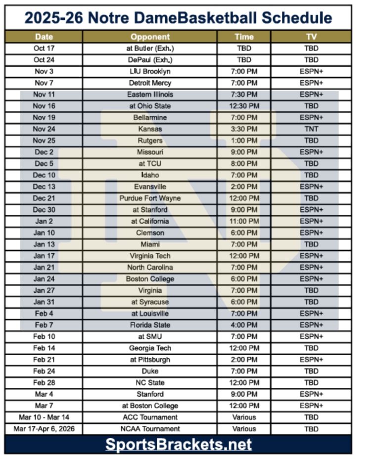 Printable 2025-26 Notre Dame Basketball Schedule; PDF format, TV Broadcasts