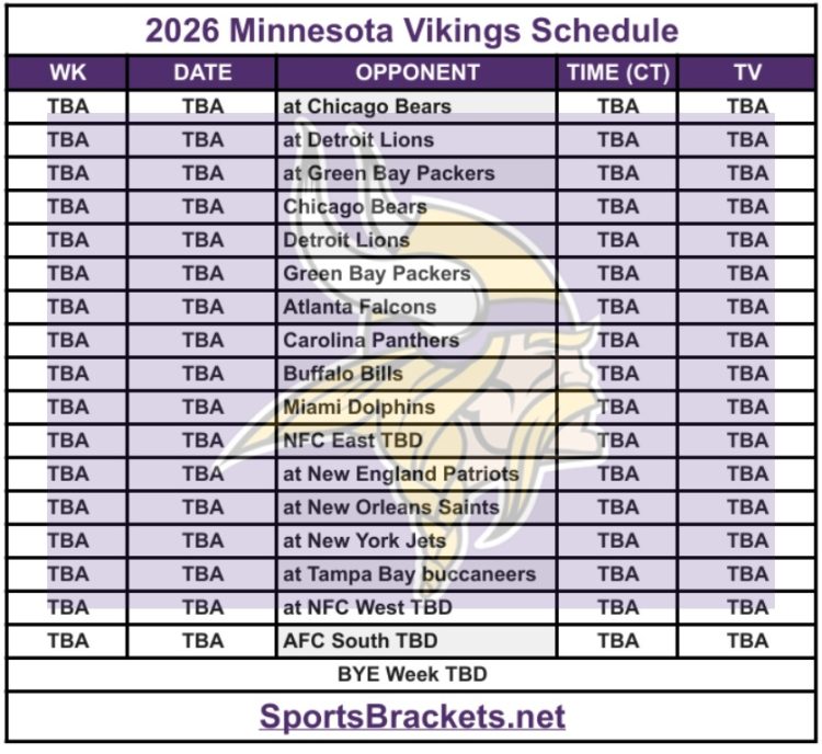 Printable 2026 Minnesota Vikings Schedule; Matchups and TV Broadcasts