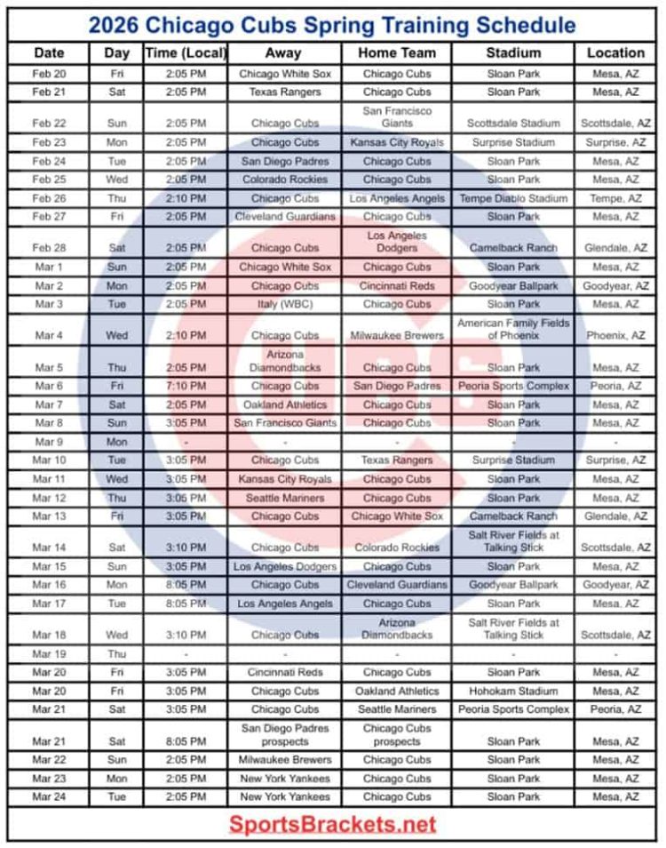 2026 Chicago Cubs Spring Coaching Schedule: Printable, PDF format